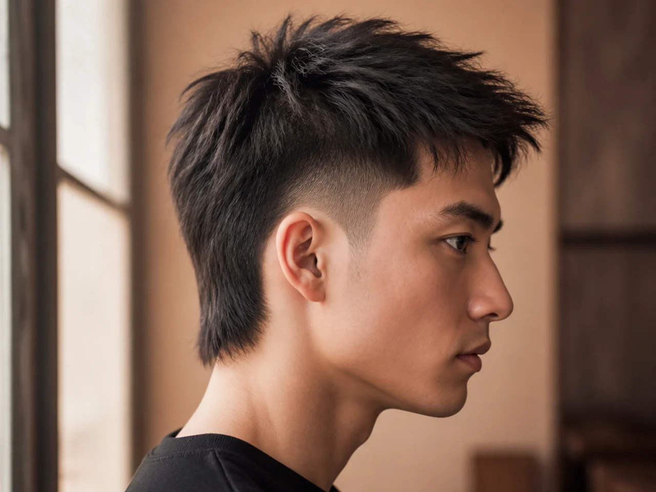 A short mullet fade on thick straight hair