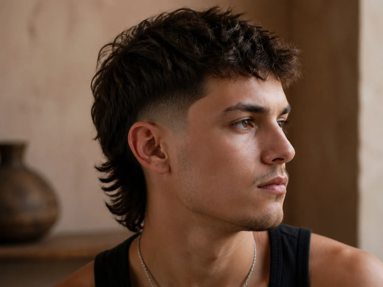 A short mullet with a mid fade above the ear