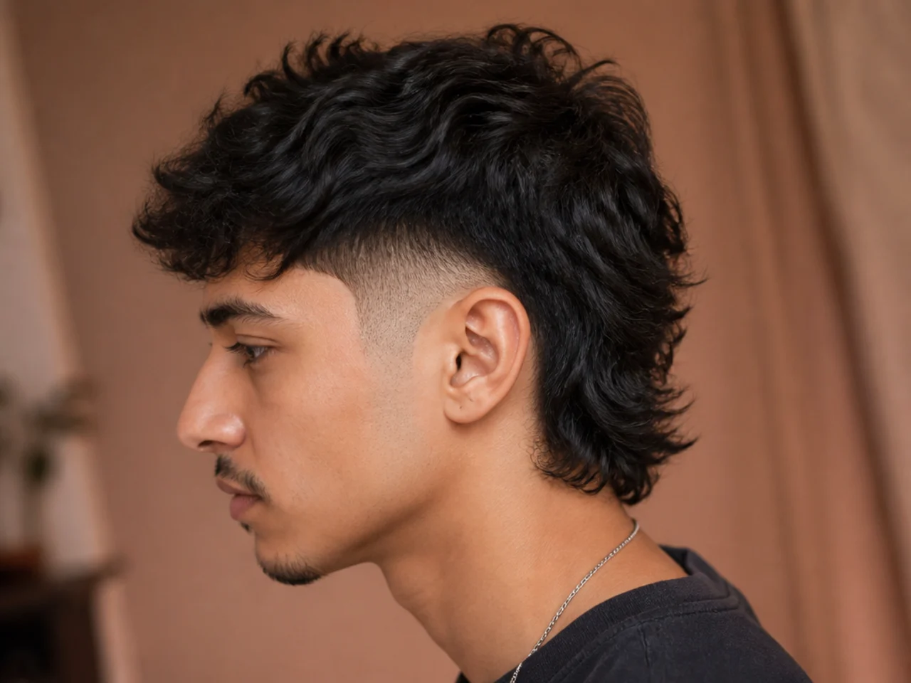 A short mullet with a burst fade arcing around the ear