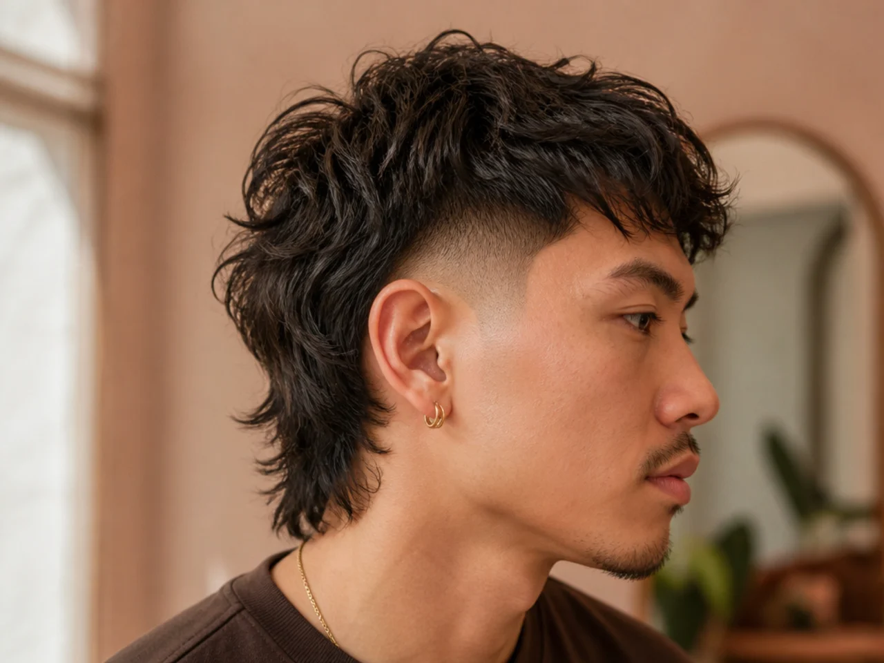 A short mullet with the sides faded to bare skin