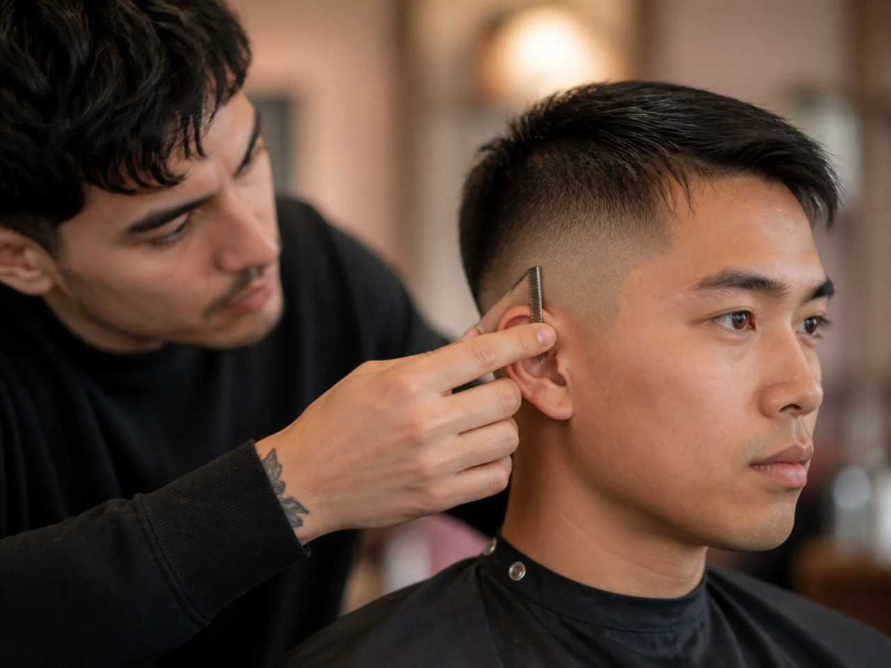 A barber checking fade height against the ear on straight hair