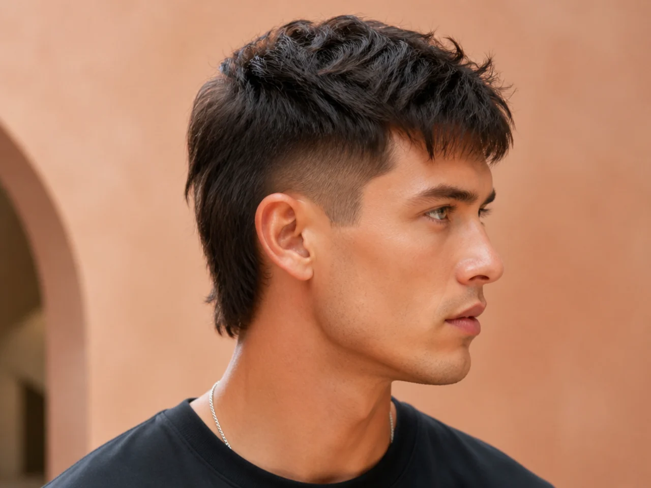 Three quarter view of a short mullet fade on straight hair