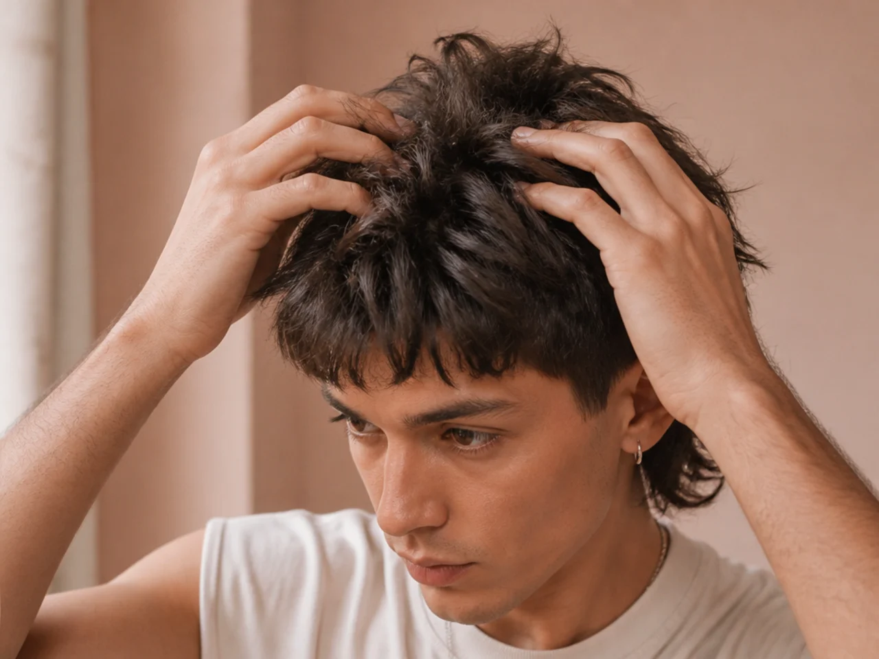 Matte product being worked into the roots of a short mullet
