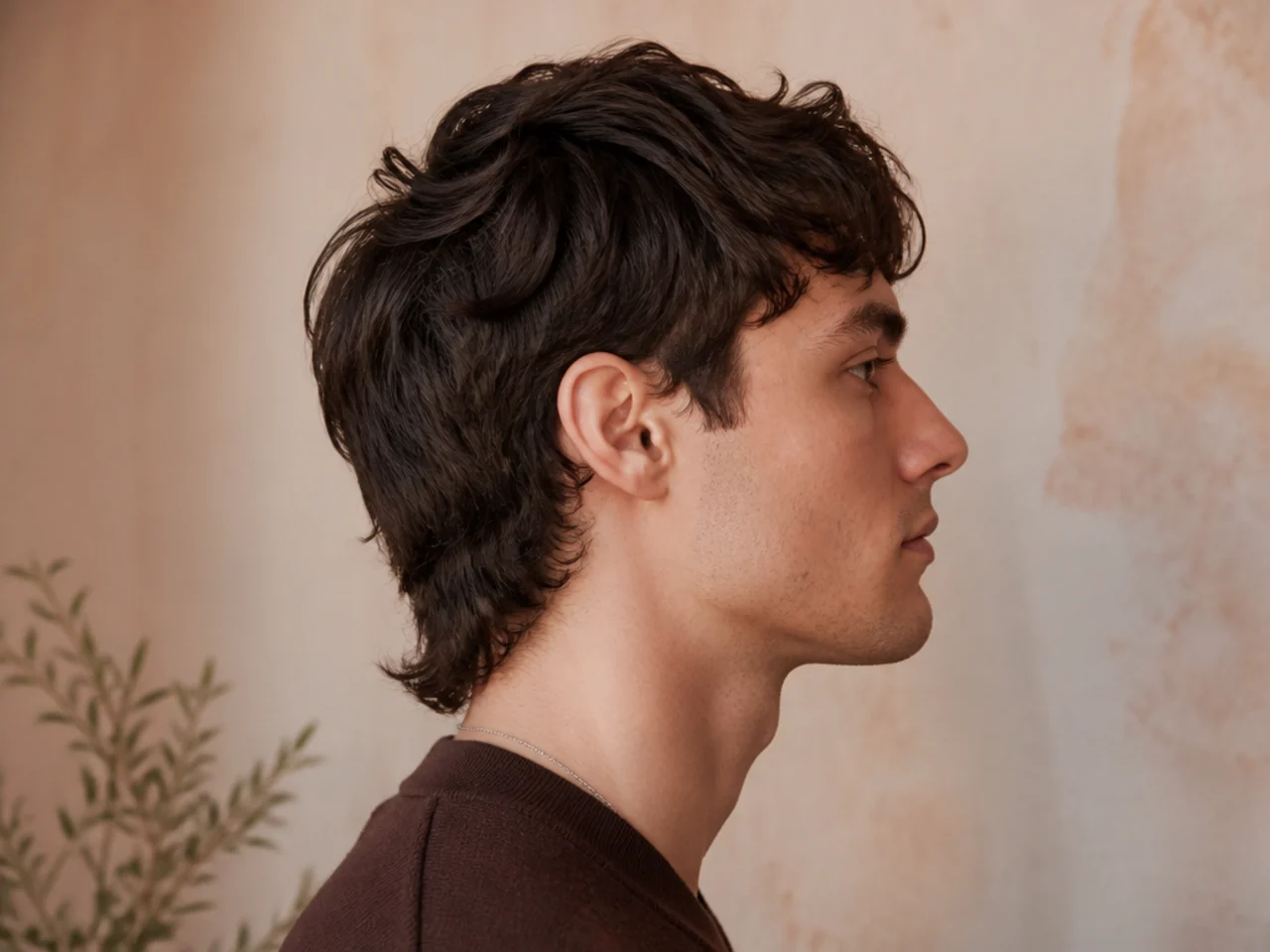 Profile of a short mullet showing the tail stopping above the collar