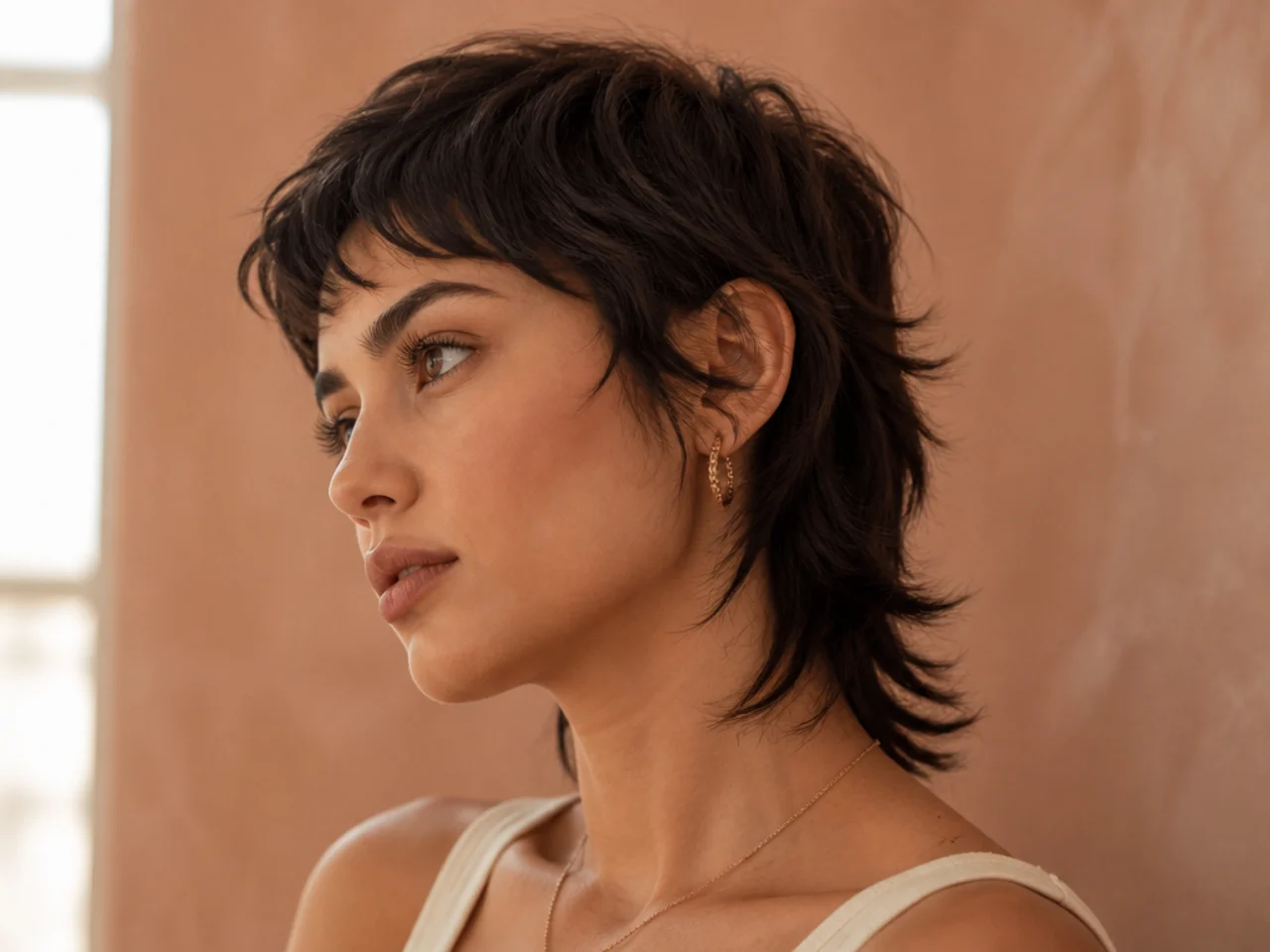 A short mullet cut at pixie length with a longer back