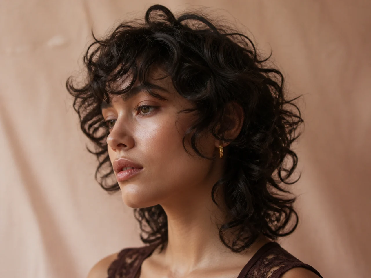 A curly short mullet cut dry