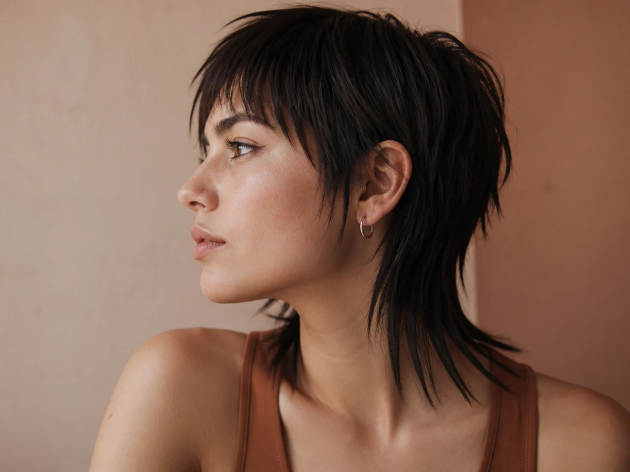 A straight haired short mullet with point cut ends
