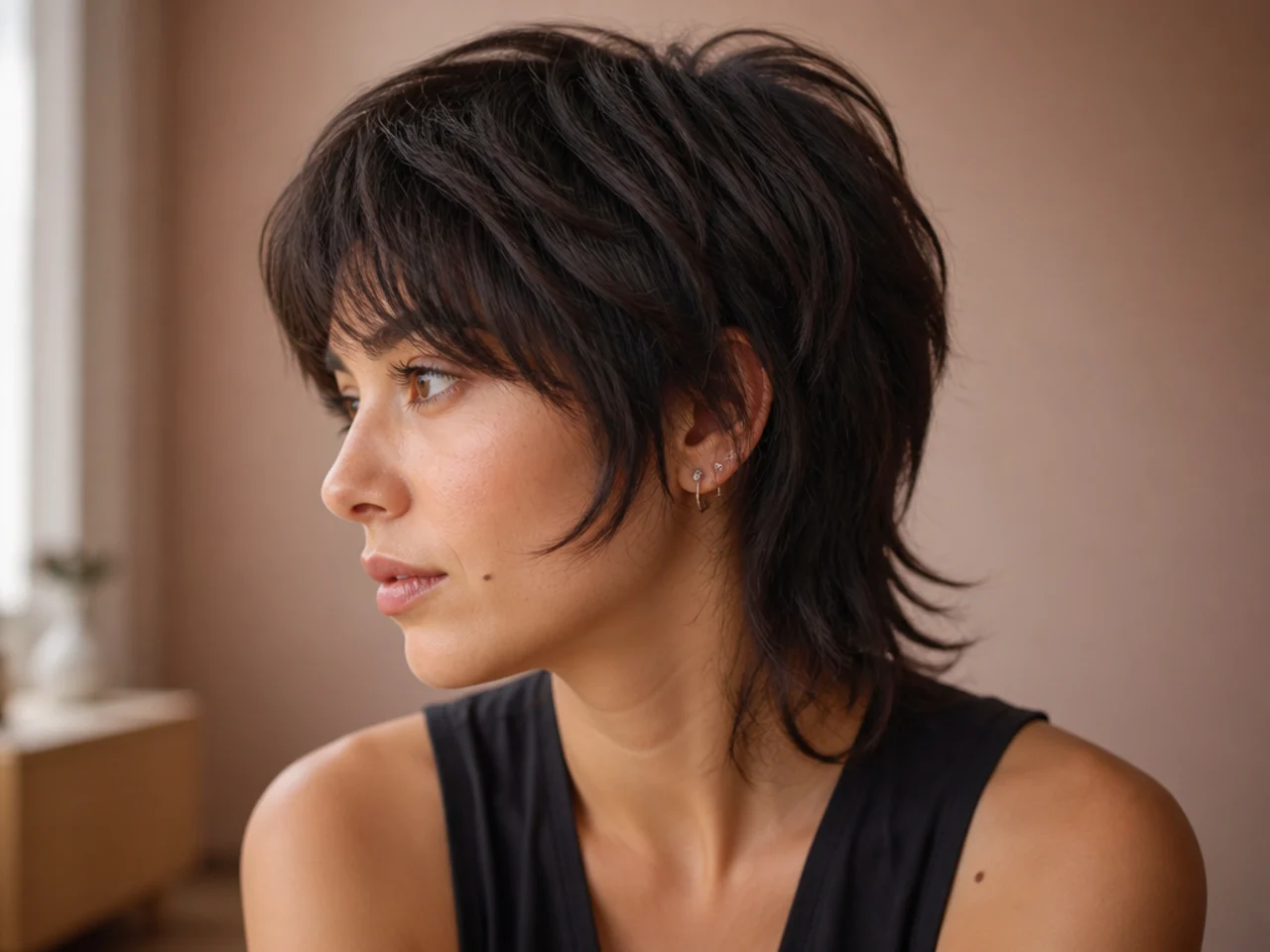 A thick haired short mullet with interior weight removed