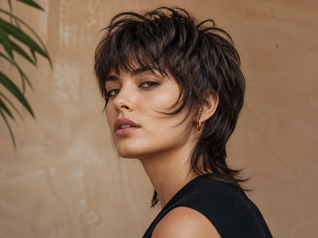 A shaggy short mullet with heavy crown layering