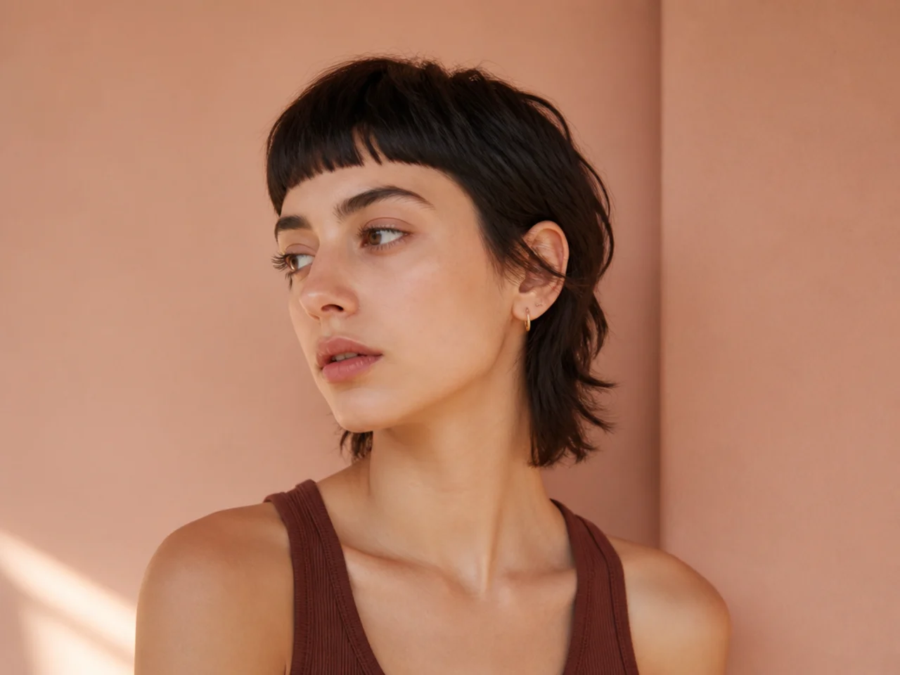 A short mullet with a blunt straight fringe