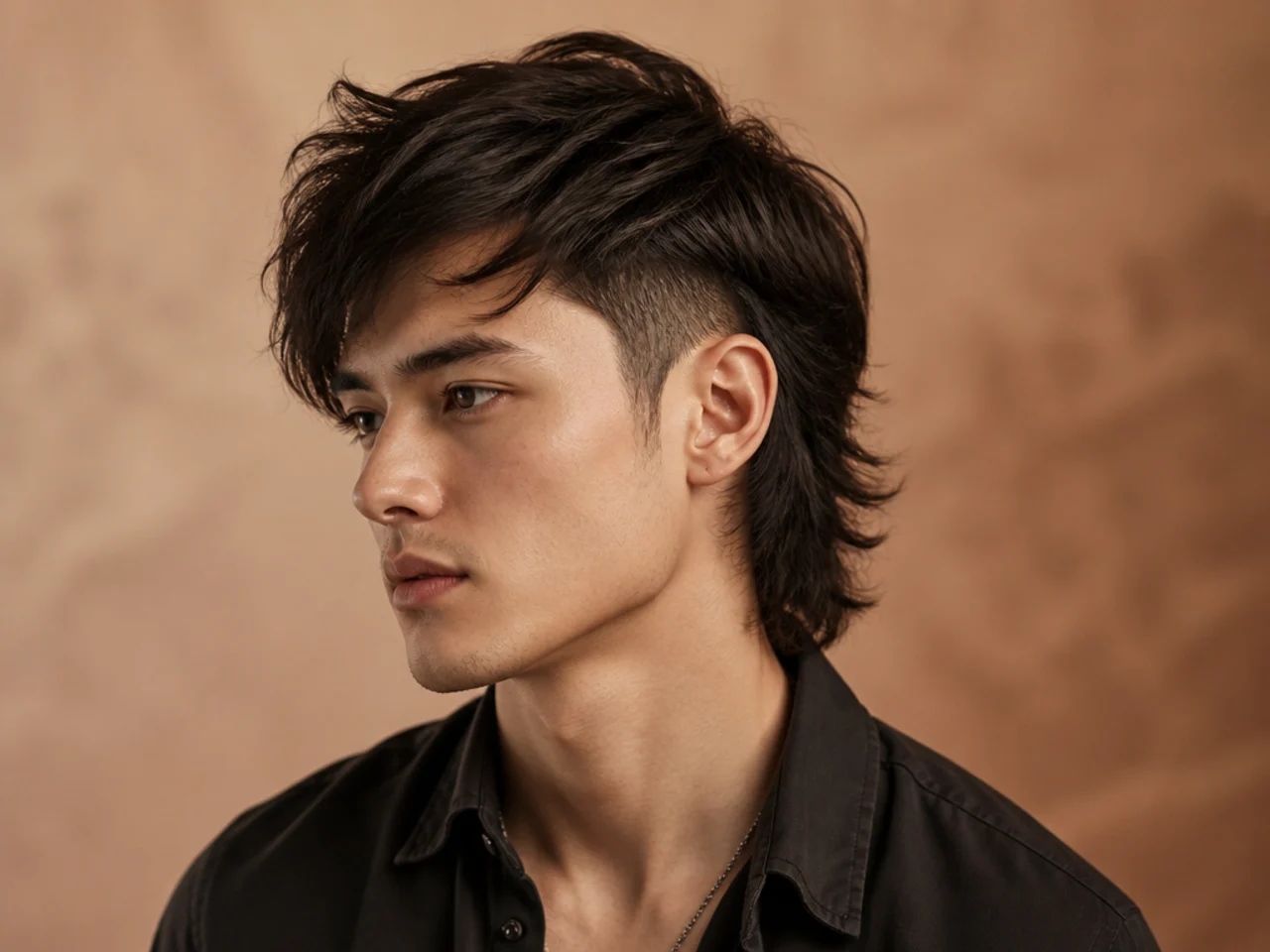 Side part mullet with textured fringe falling across the forehead