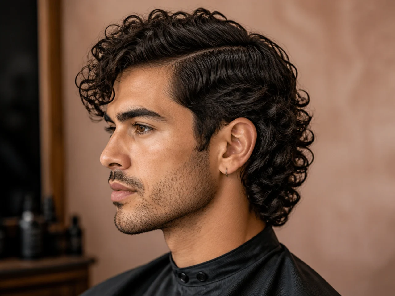Curly side part mullet with type 3 curls falling on either side of a defined parting