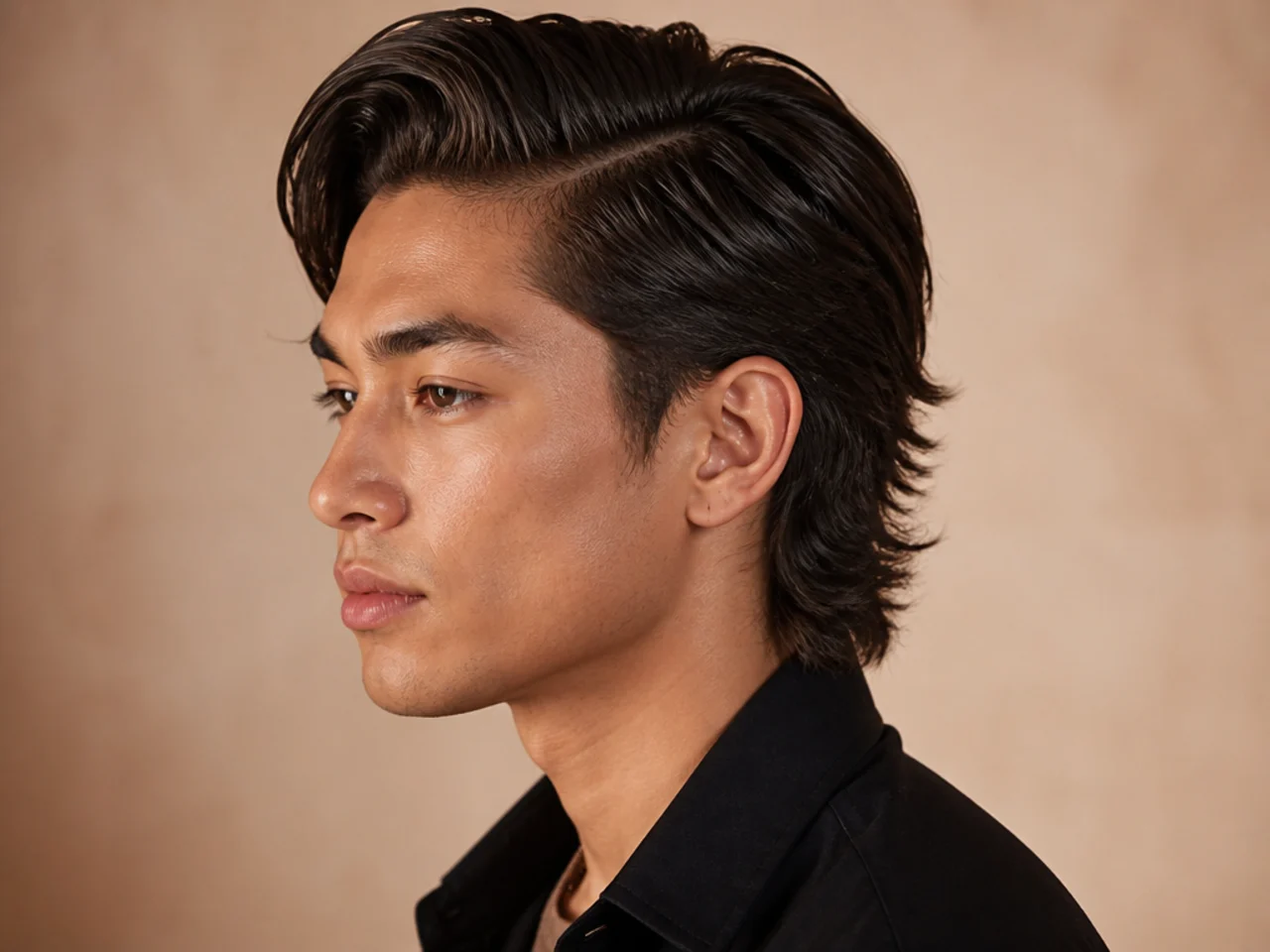 Retro side part mullet with 80s-referenced deep part and long feathered nape