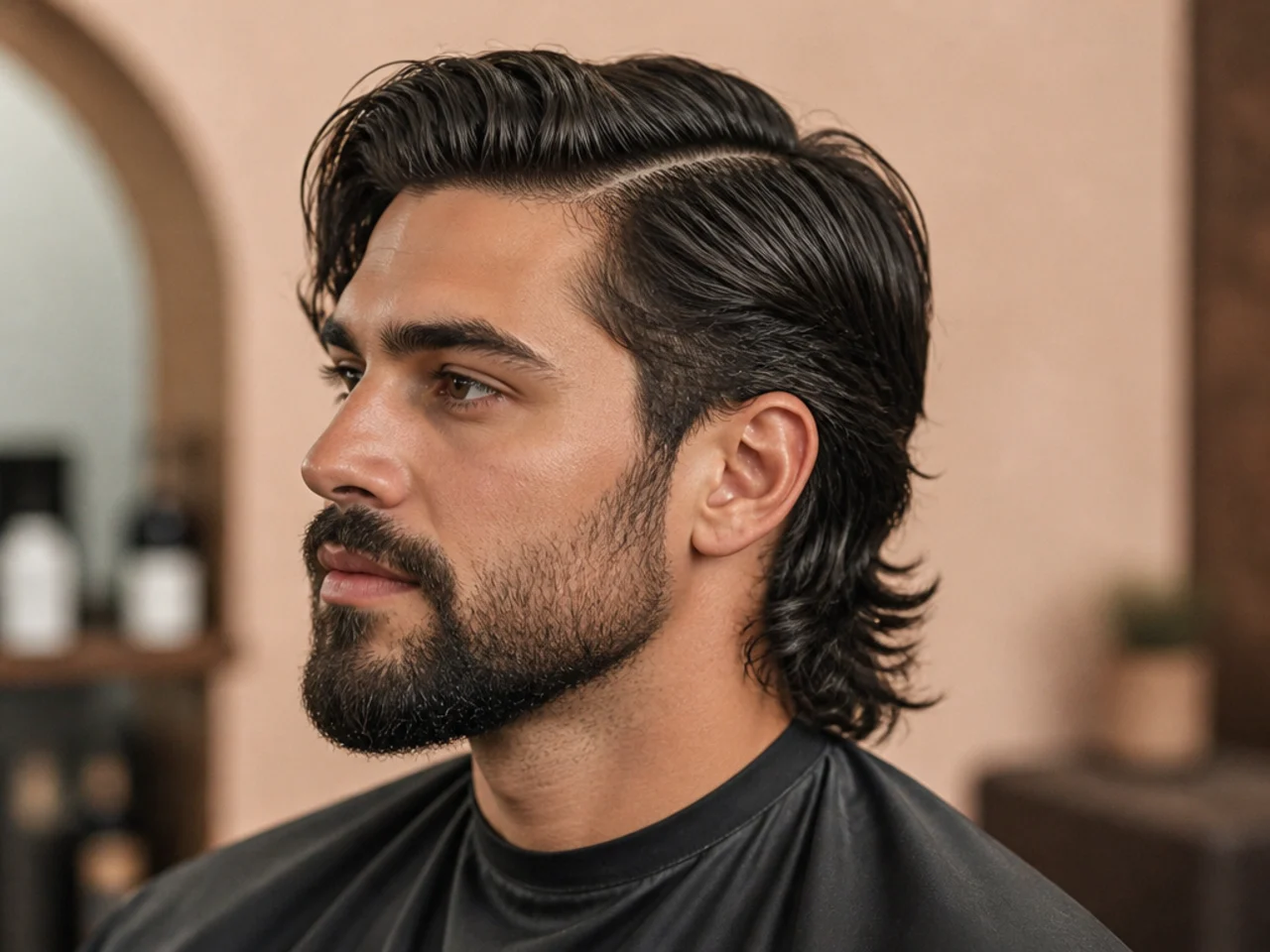 Side part mullet paired with a full beard on a man in his early thirties