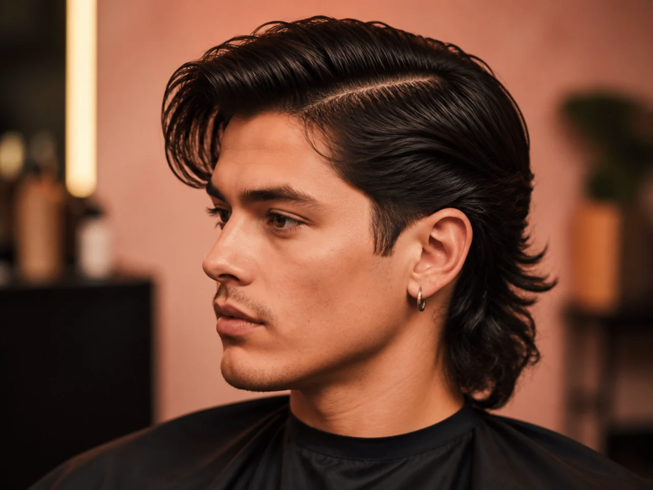 Comb-over side part mullet with hair swept fully across the top