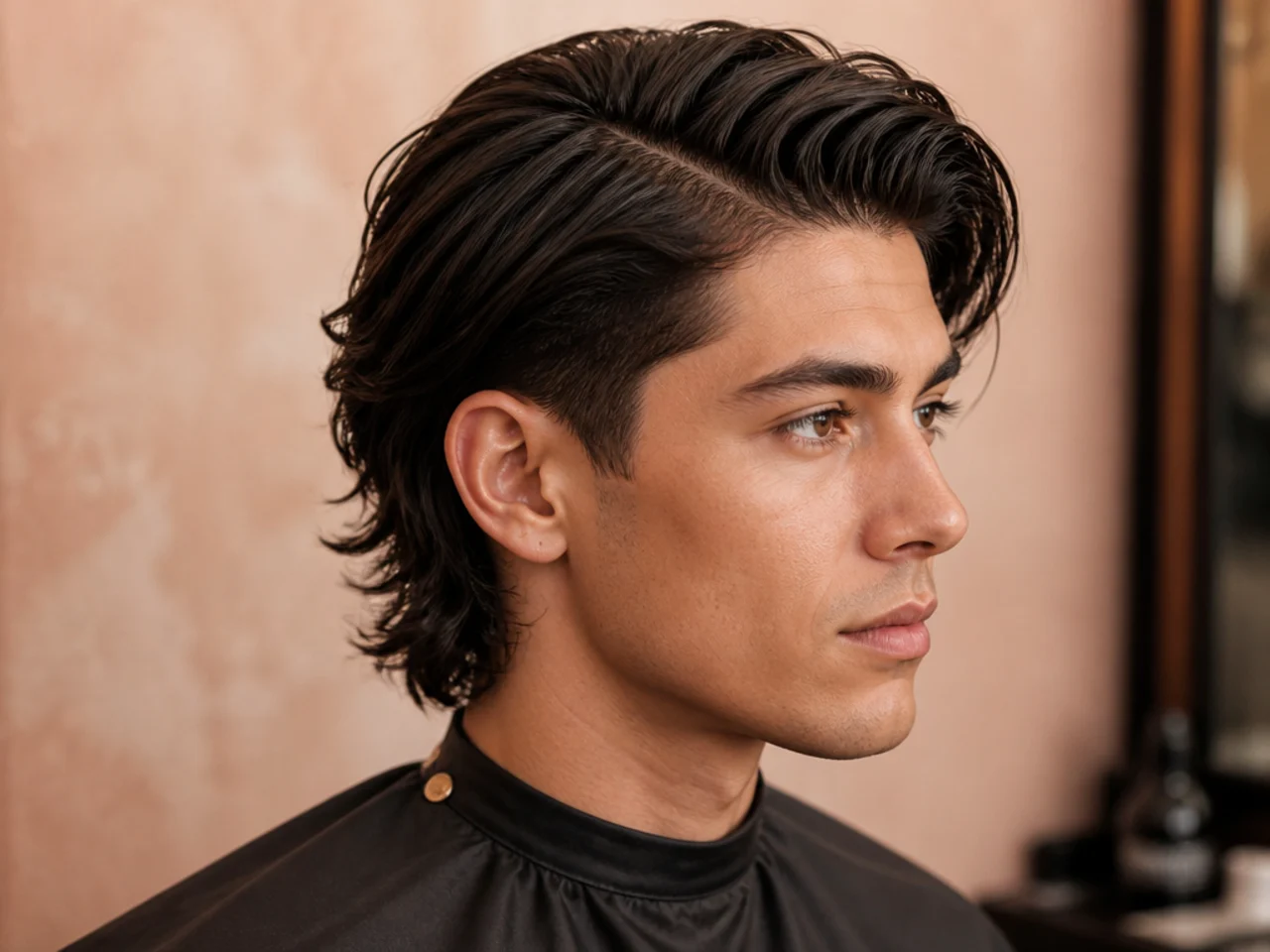 Deep side part mullet with parting sitting two and a half inches off center
