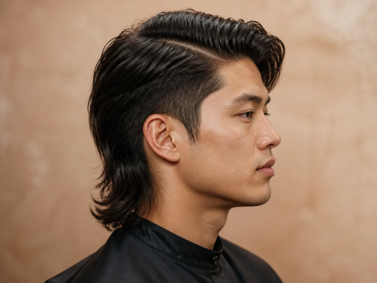 Hard side part mullet with sharp razor line cut through the parting