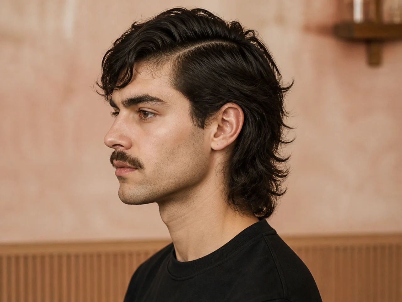Off-center side part mullet with softly parted top and long feathered nape