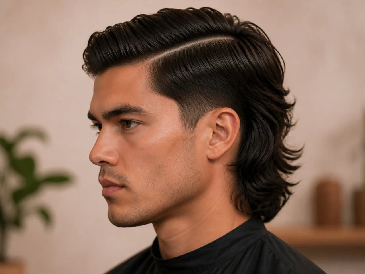 Sharp side part mullet with cleanly combed part and high-shine finish