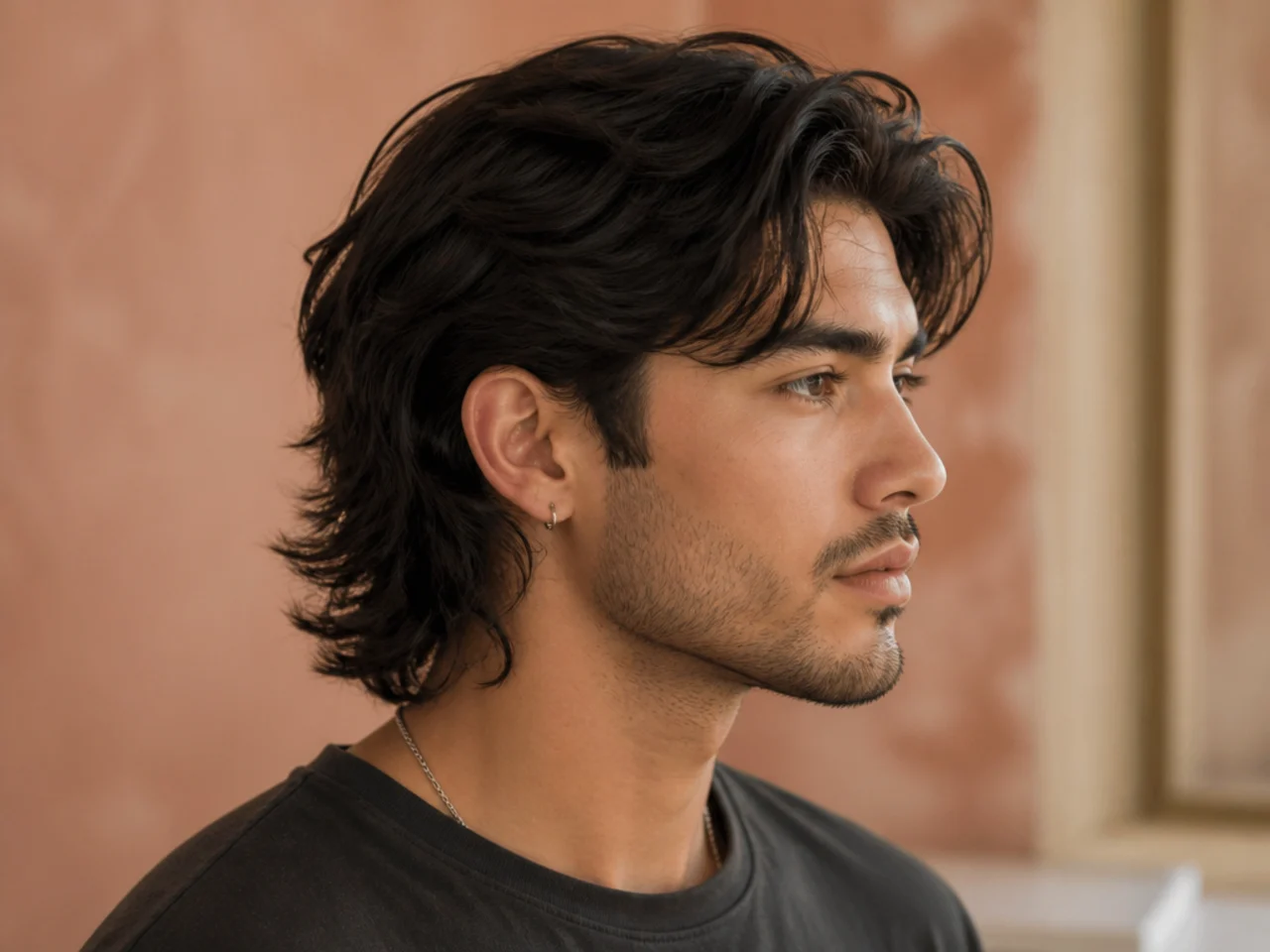 Soft side part mullet with loosely parted top and light natural texture
