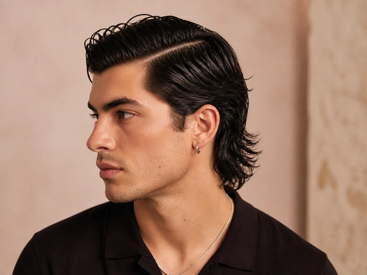 Wet-look side part mullet with slicked shiny top and defined parting