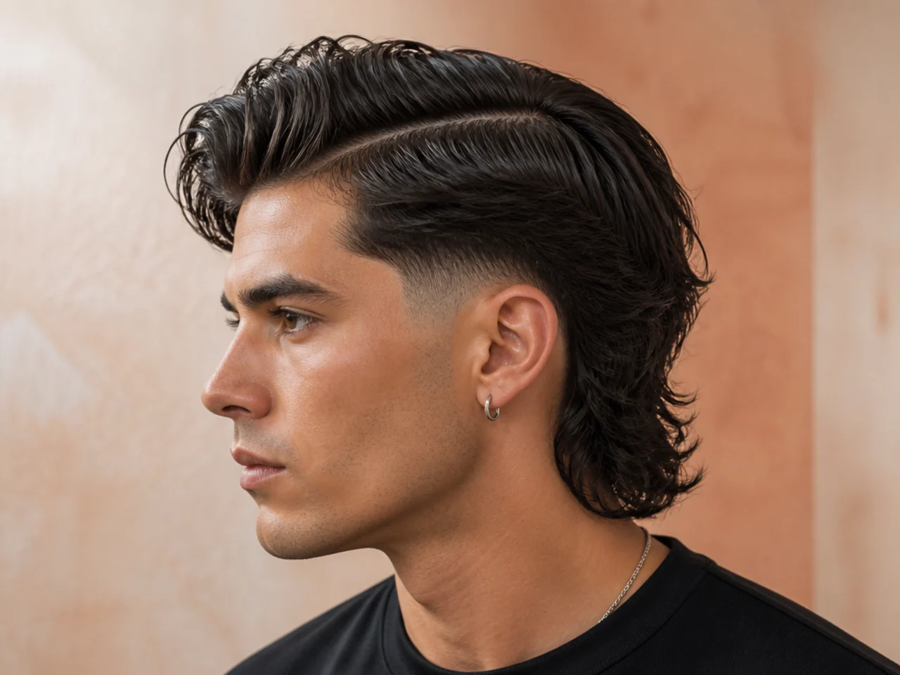 Side part mullet with low fade at the sideburn and defined parting on top