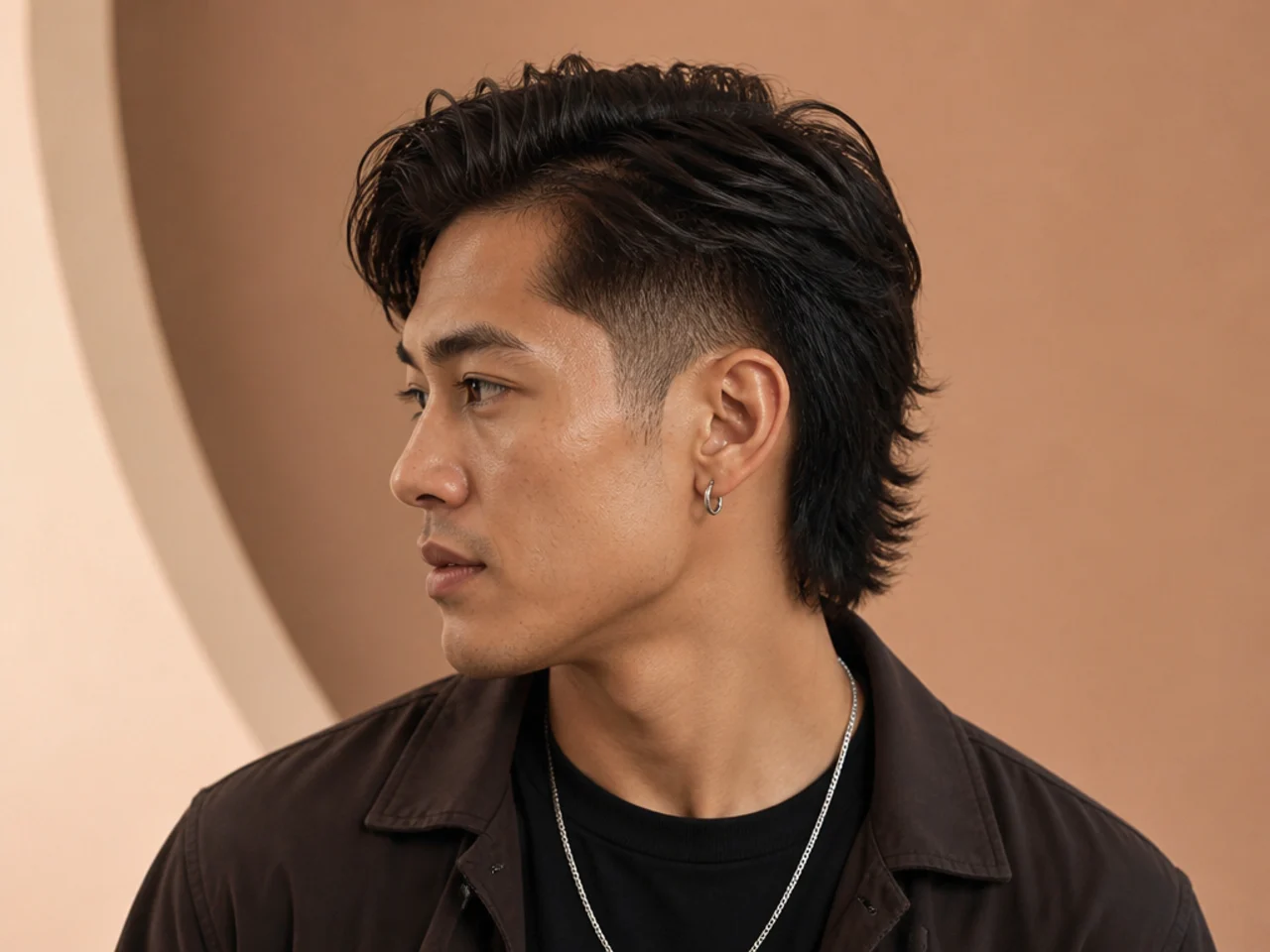Side part mullet with clean scissor taper and defined parting through the top