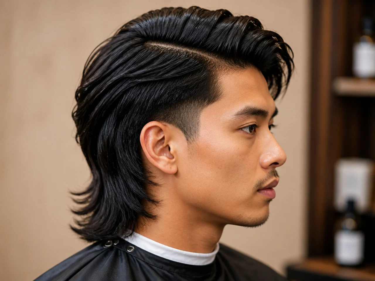 Barber and client discussing side part mullet reference photos in a modern barbershop