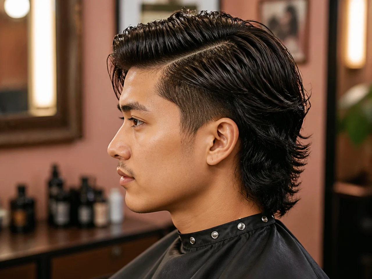 Styling products for a side part mullet — cream pomade, fine-tooth comb, hairspray
