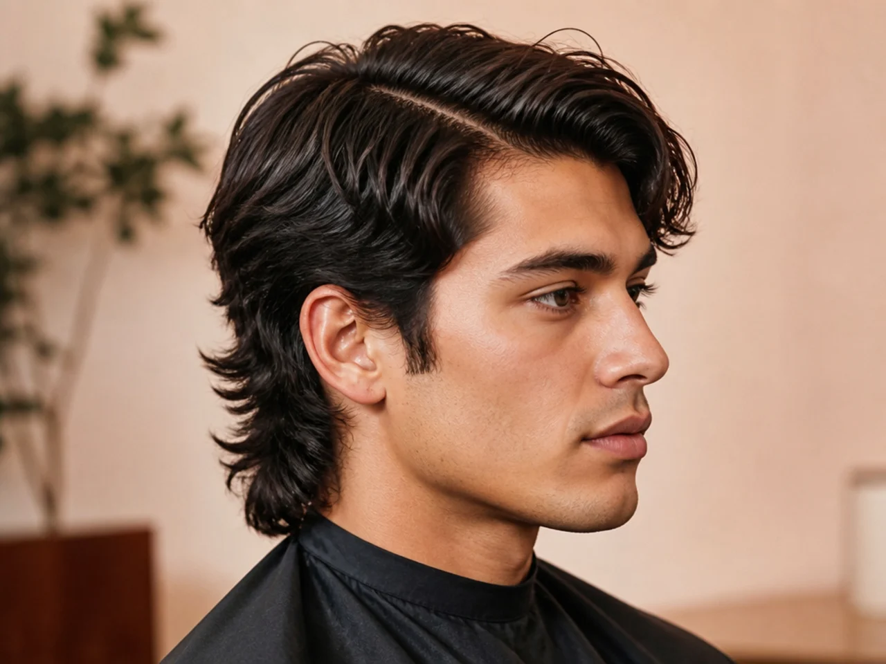Side-profile diagram of a side part mullet showing the parting line and swept-over top