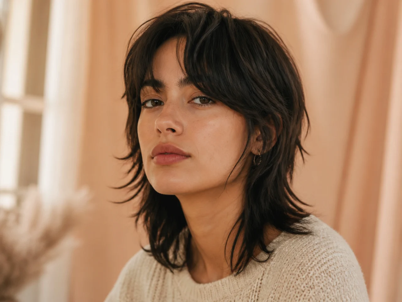 A mullet with a comma fringe on straight hair
