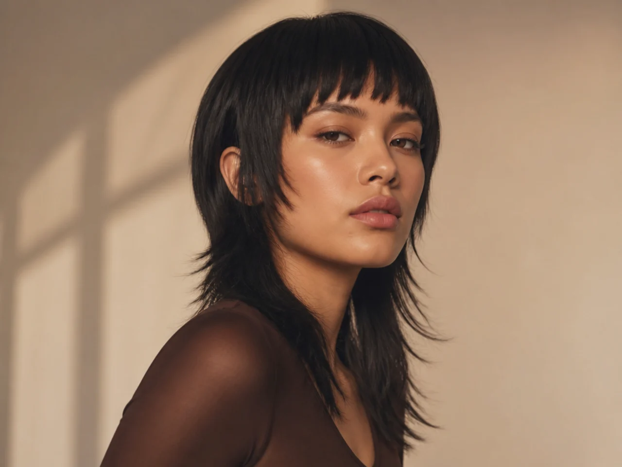 A straight mullet with blunt bangs