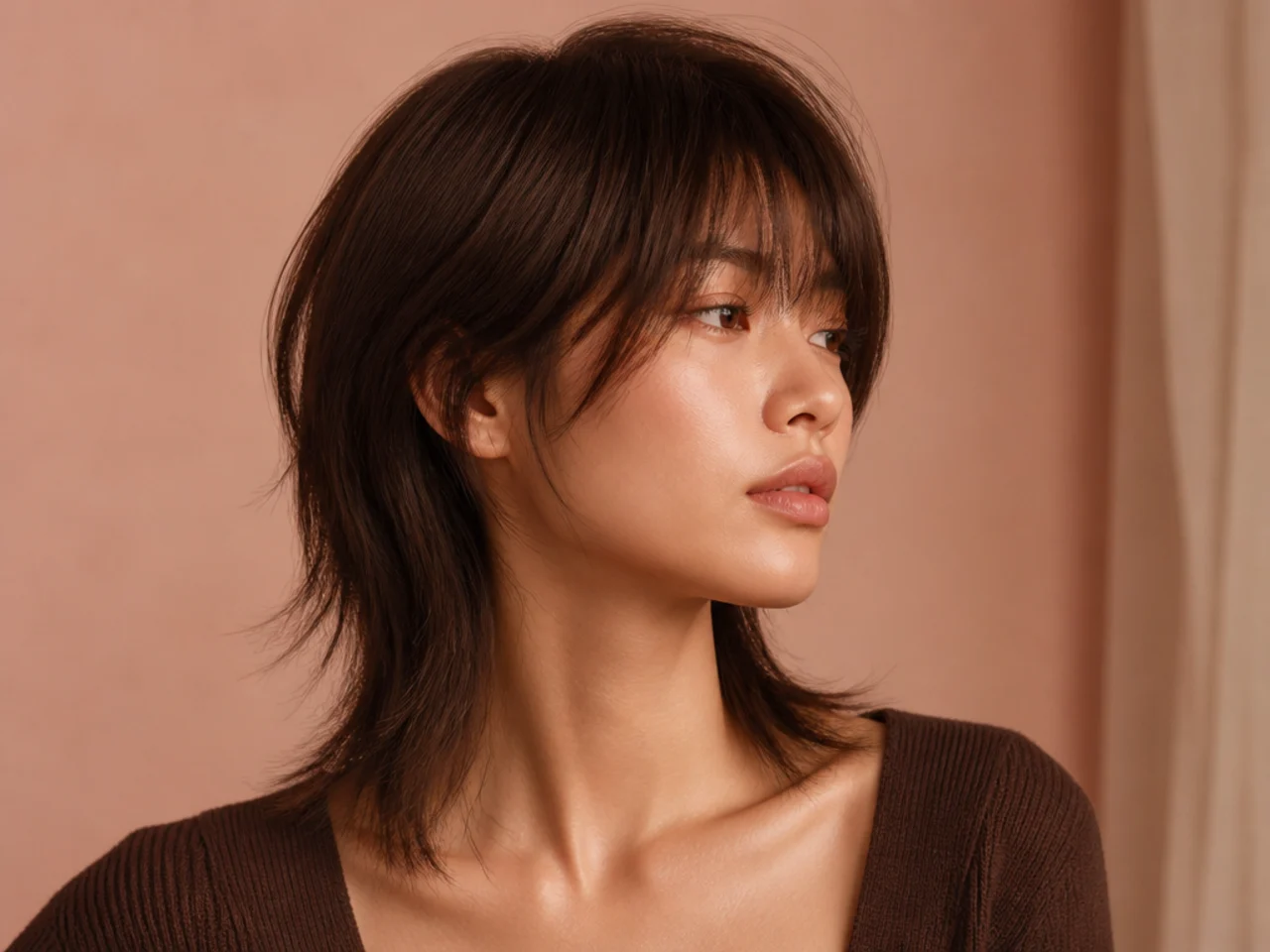 A collarbone length mullet on straight hair