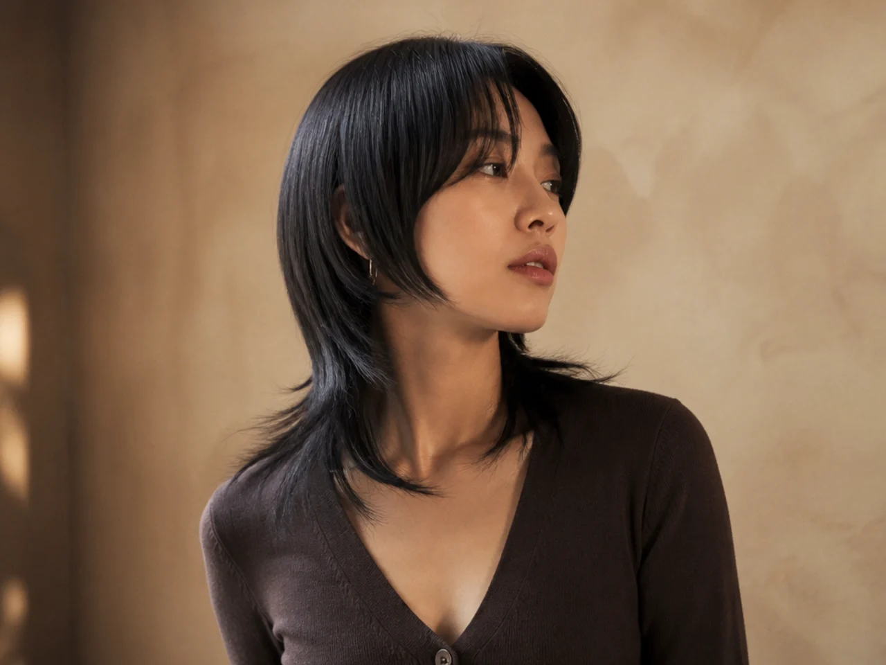 A sleek straightened mullet on straight hair