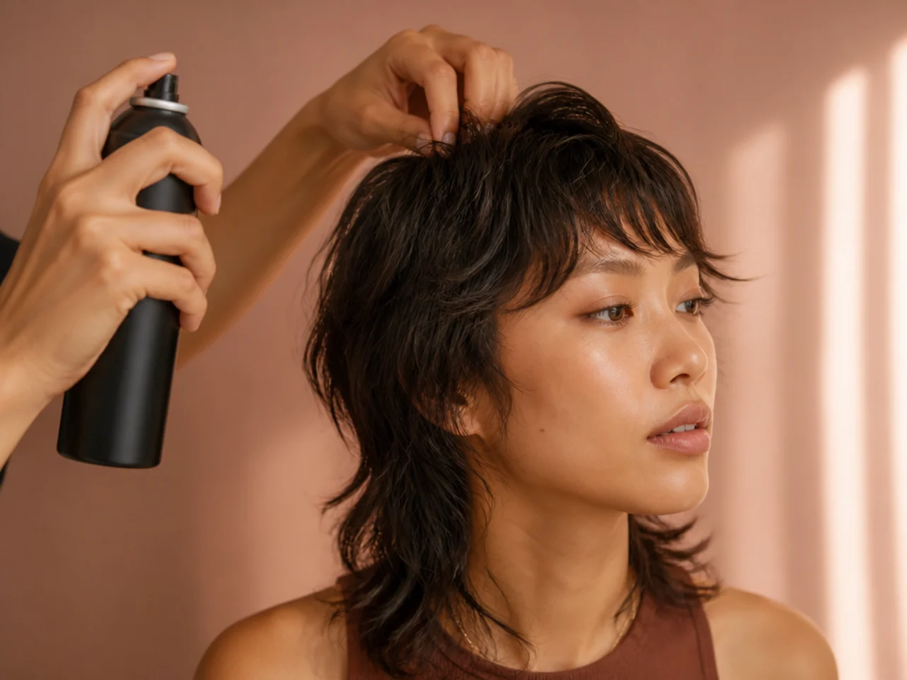 Texture spray being worked into a mullet at the roots