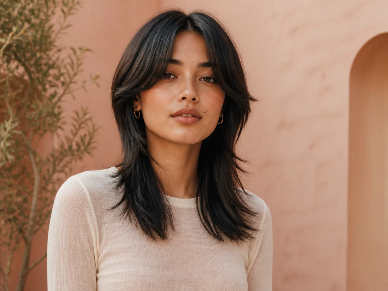 A straight mullet with a middle part