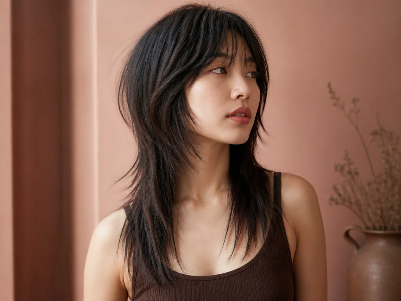 A mullet with point cut ends on straight hair