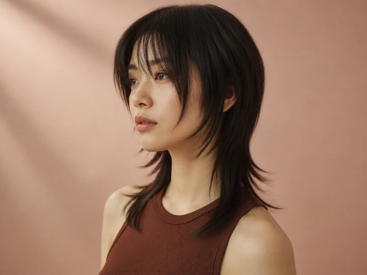 A mullet with hidden internal layers on straight hair