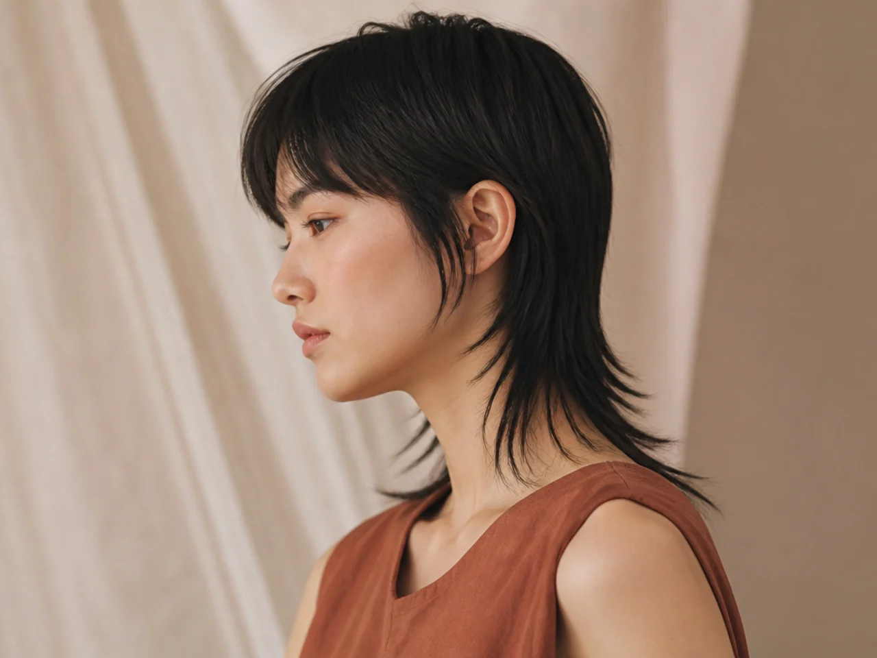 A disconnected mullet on straight hair
