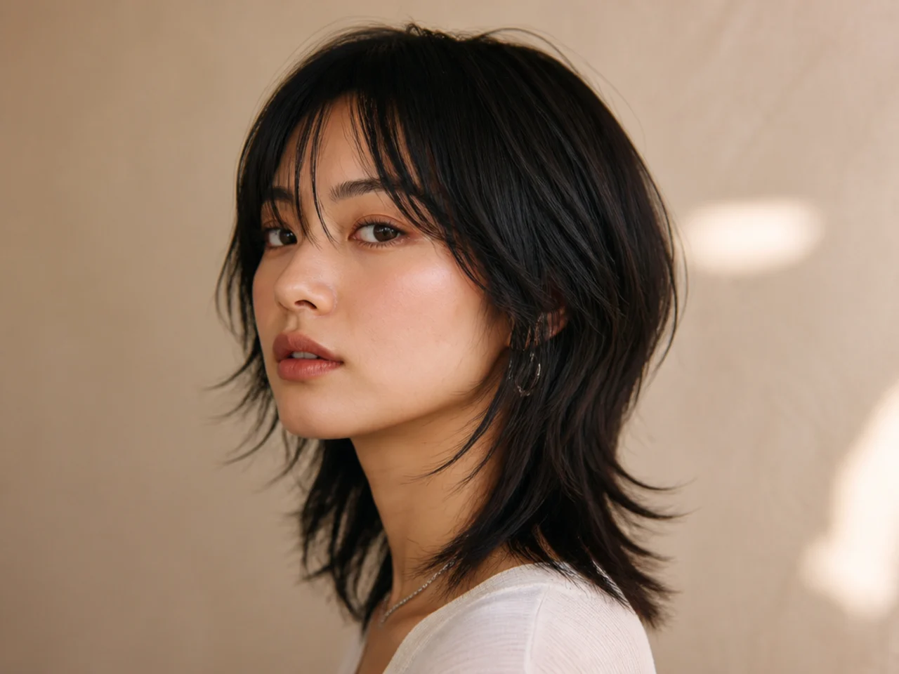 A wolf cut mullet on straight hair