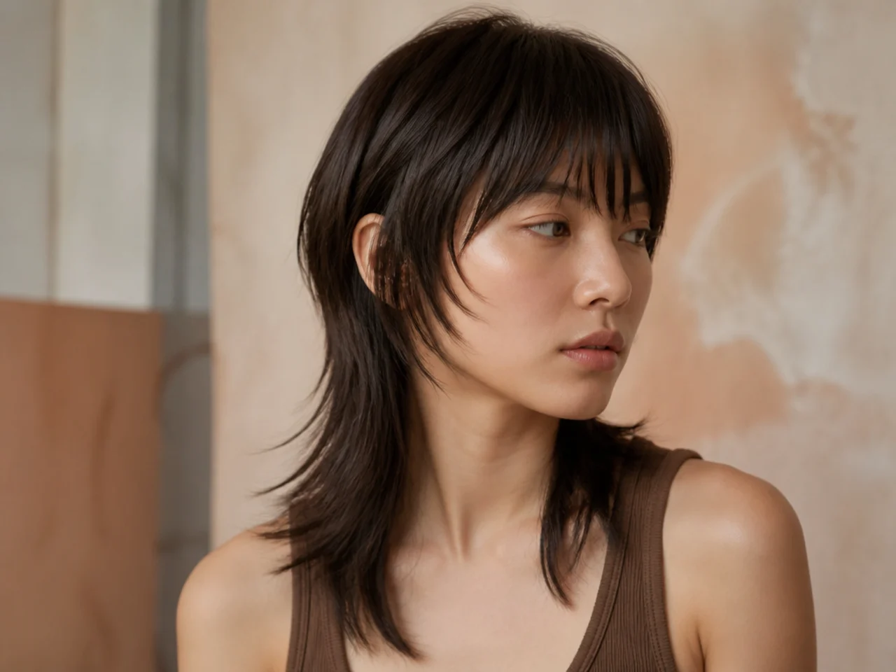 Three quarter view of a sleek mullet on straight hair