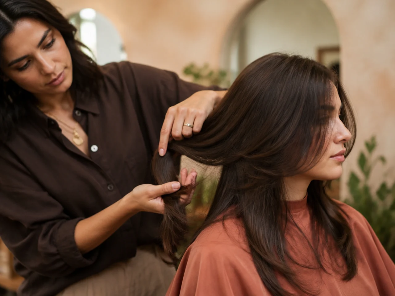 A stylist checking crown layer length against the layer below