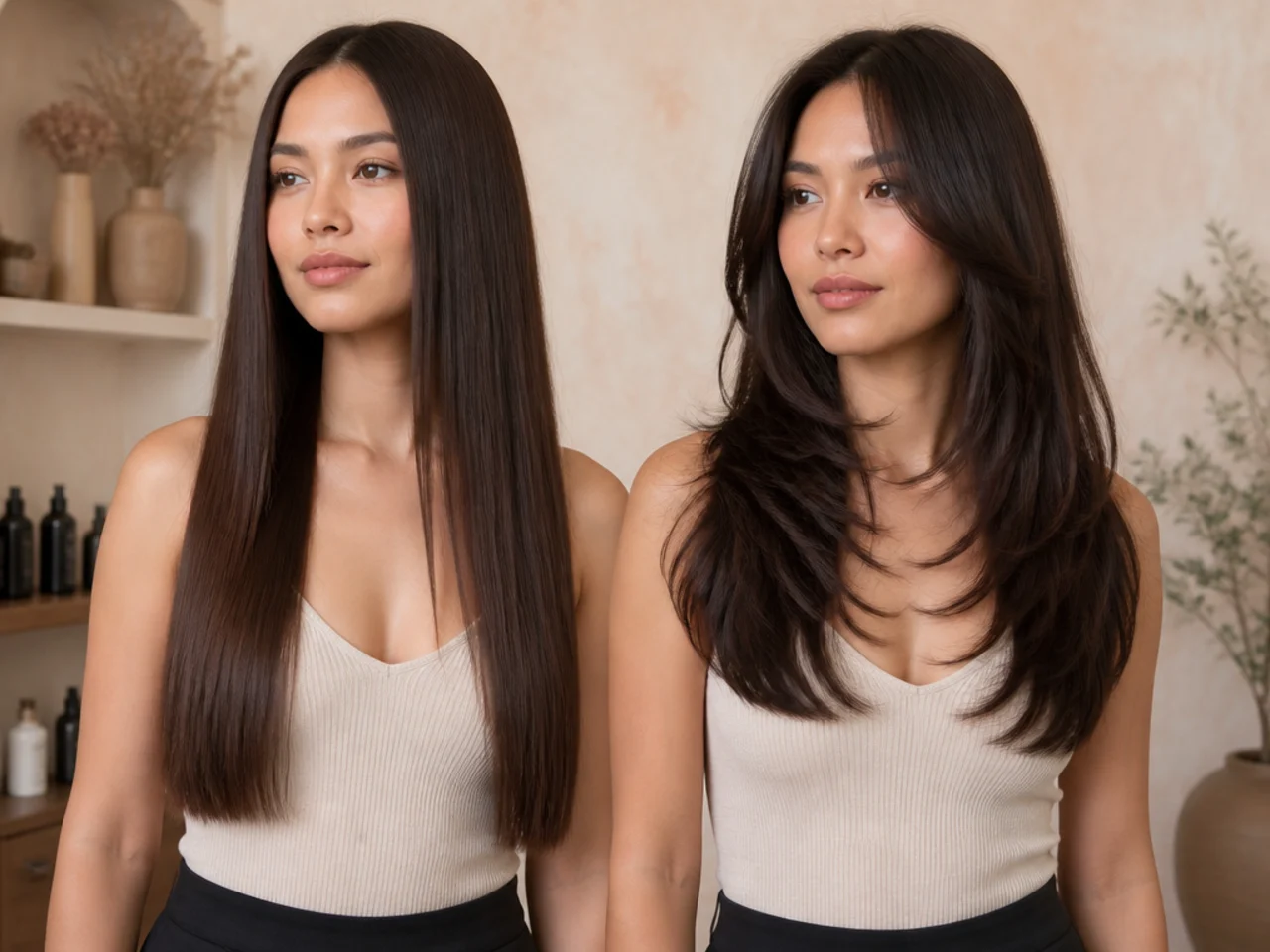 Flat straight hair beside the same hair with layers cut in