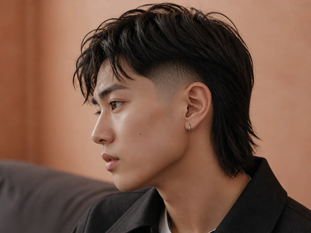 A straight haired mullet with a taper fade
