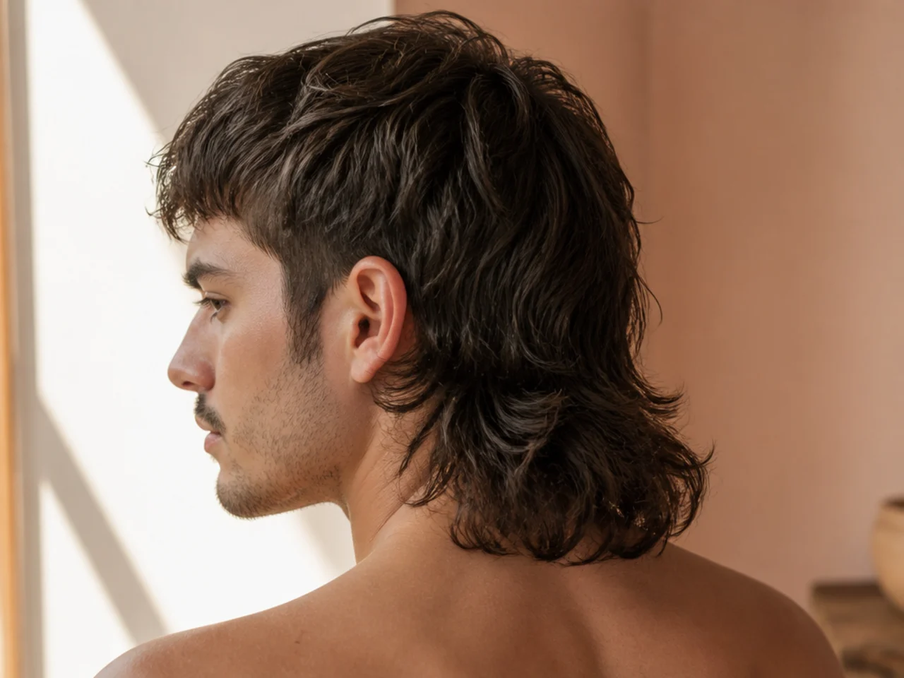 A mullet with length across the full width of the nape