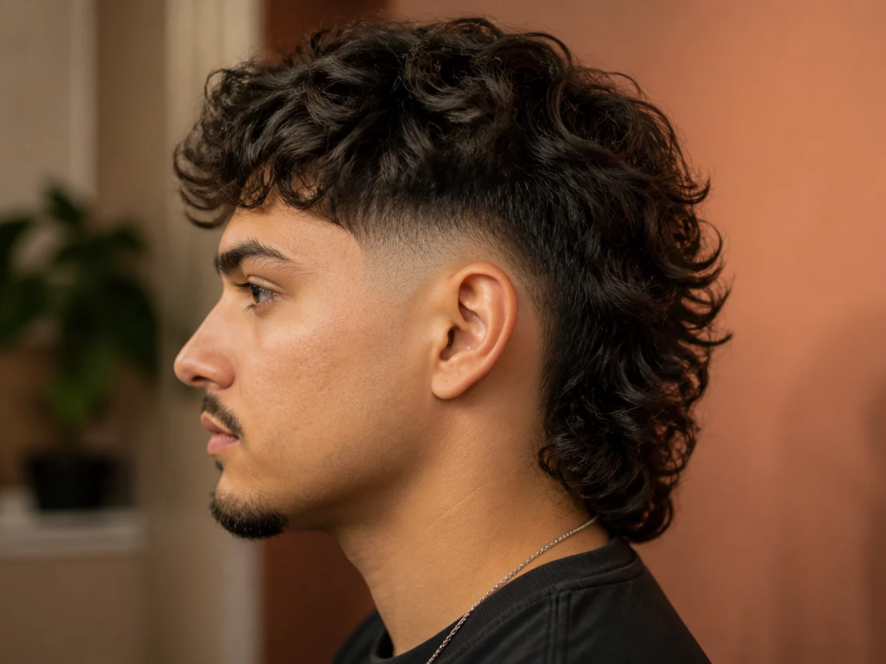 A burst fade curving around the ear on a mullet