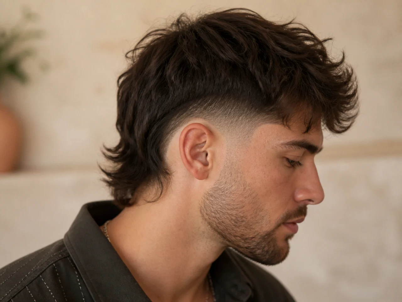 A drop fade curving down behind the ear on a mullet