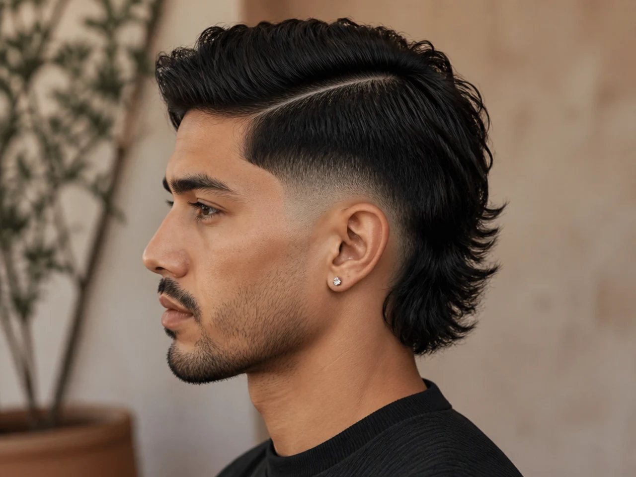 A mullet taper fade with a hard part