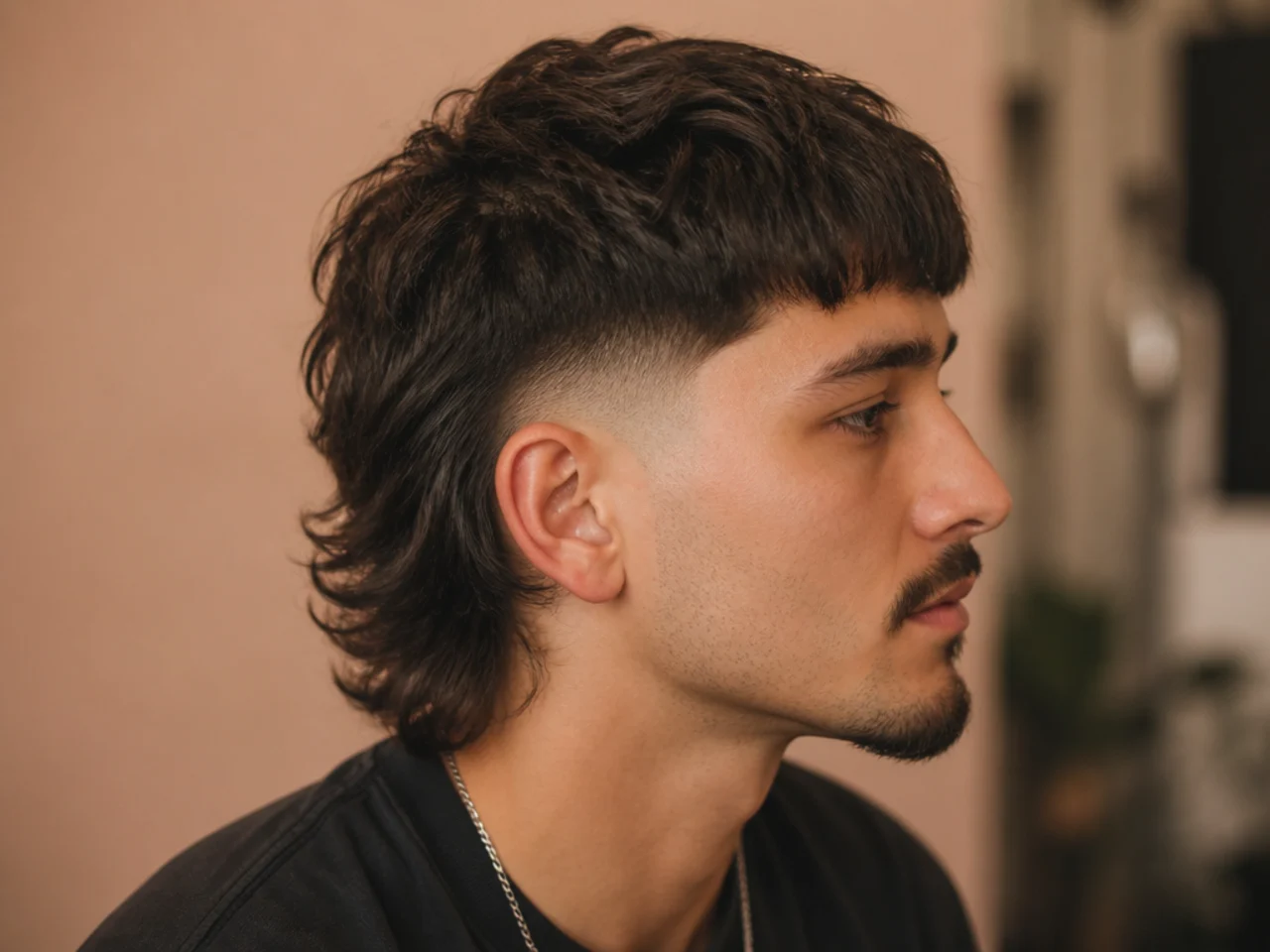 A mullet taper fade with a forward fringe