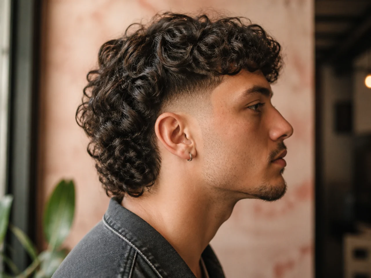 A curly mullet with a taper fade